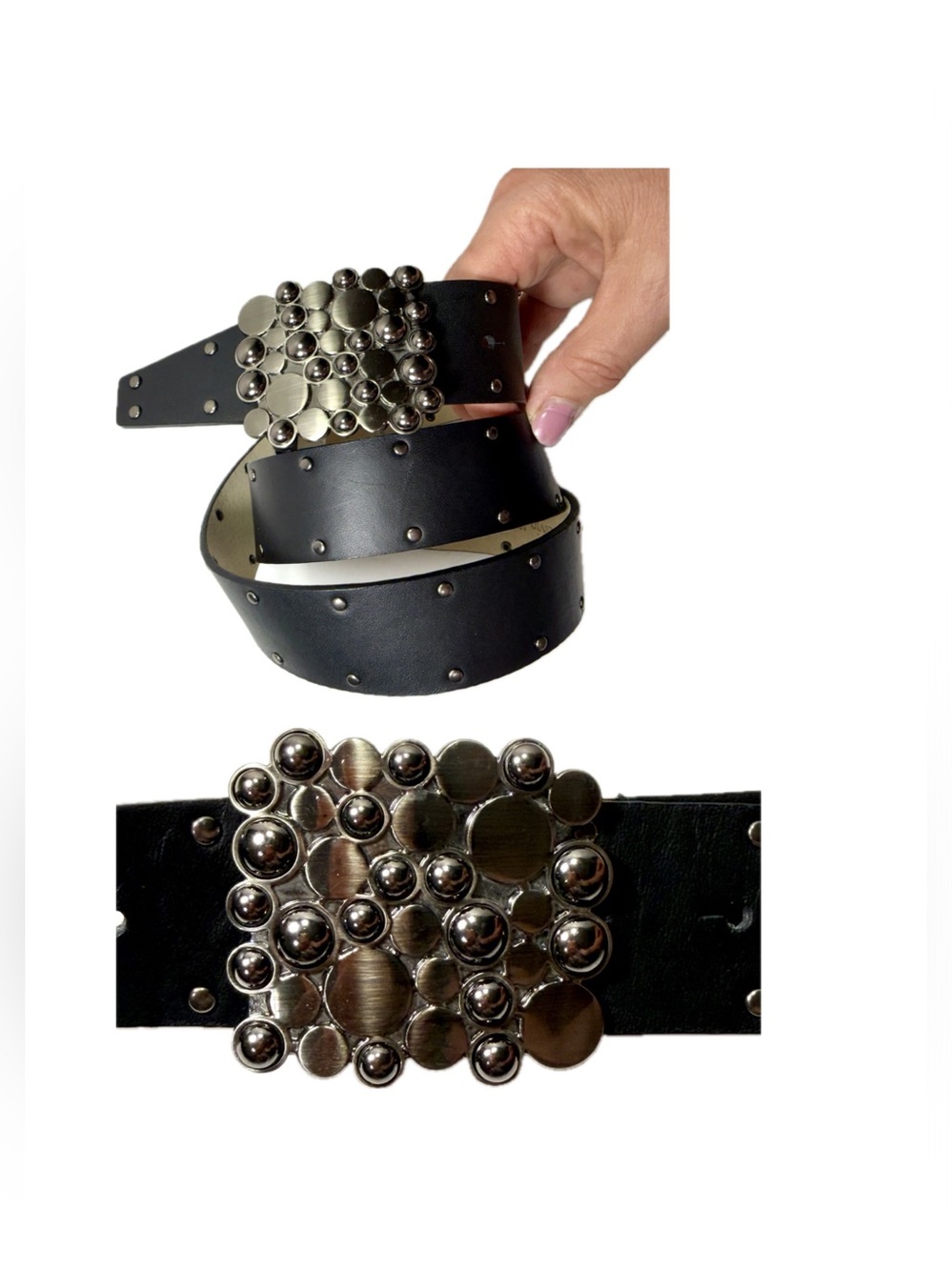 Vintage Calvin Klein Black Leather Belt Women L Studded Mosaic Statement Buckle